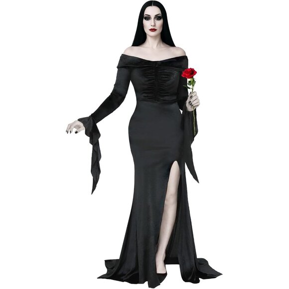 Women's Gothic Black Velvet Gown Elegant Slit Halloween Off-Shoulder Dress - Picture 1 of 5